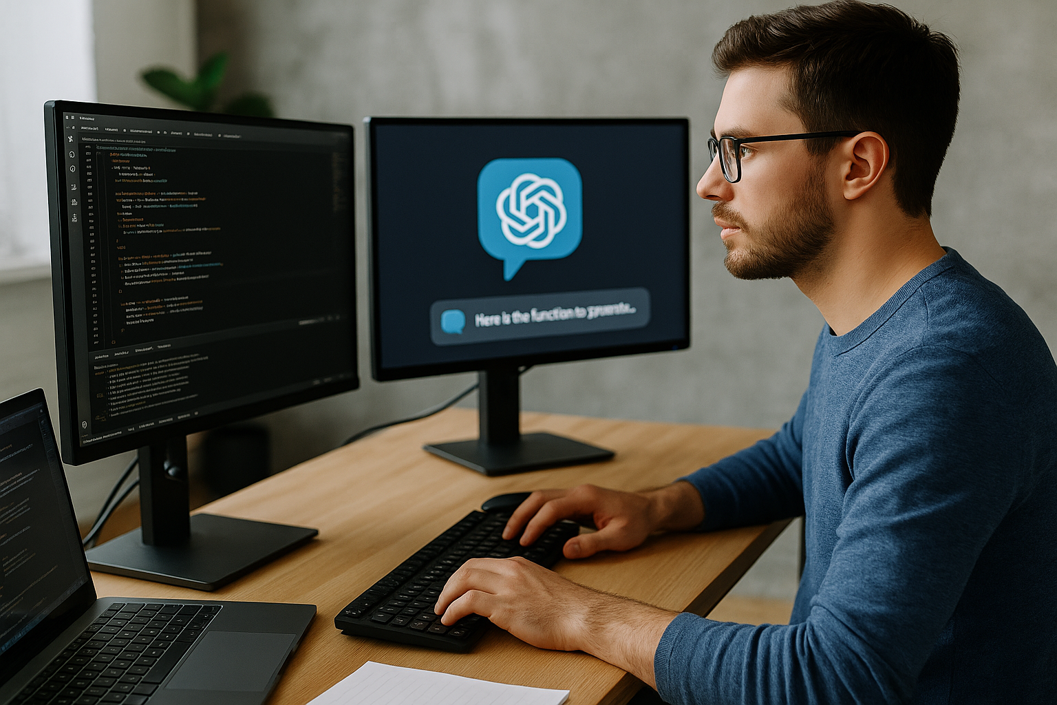 A focused male developer working at a modern desk with dual monitors, one showing code and the other displaying an AI chat interface